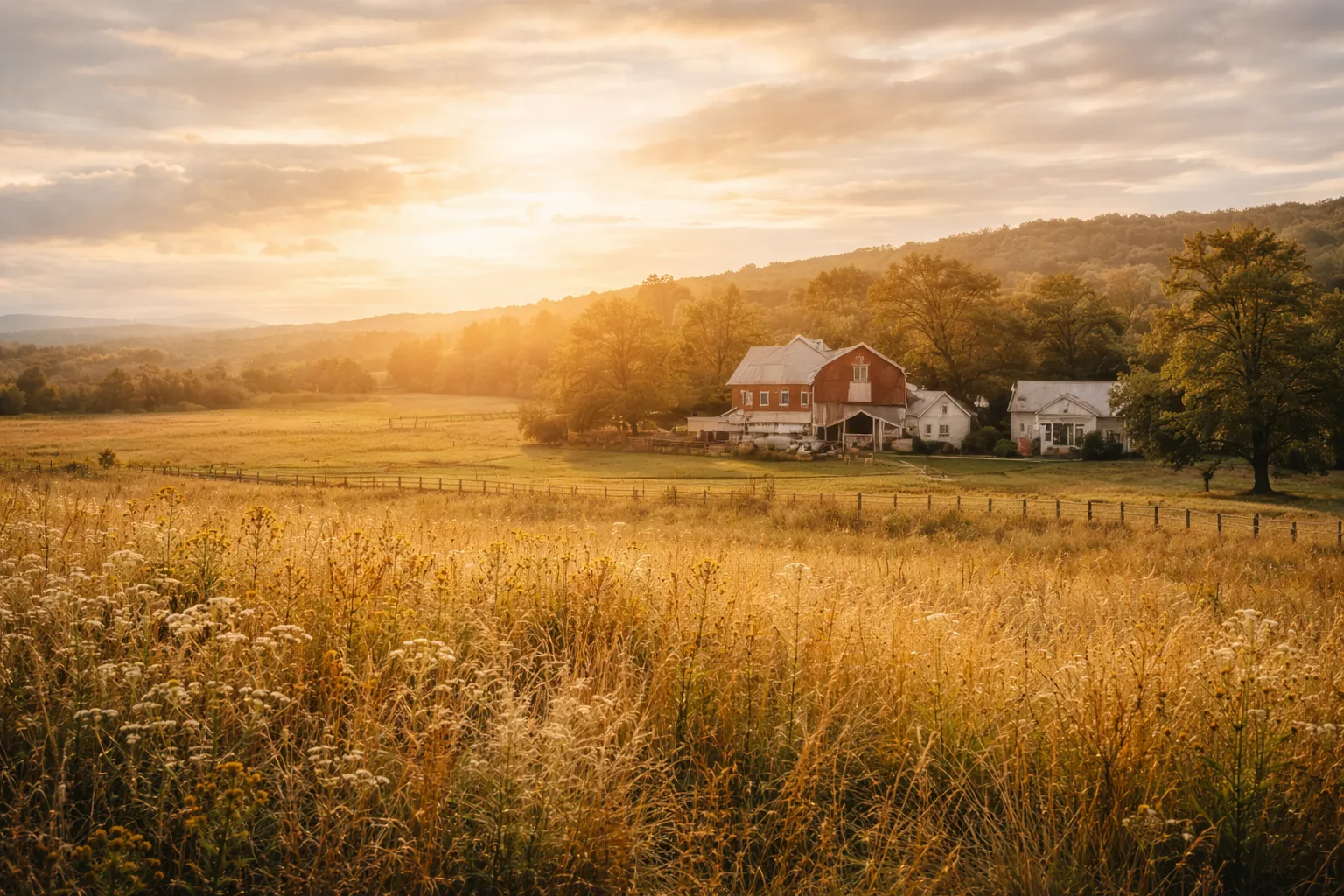 Cedar Ridge farmhouse at golden hour with wildflowers in the foreground
