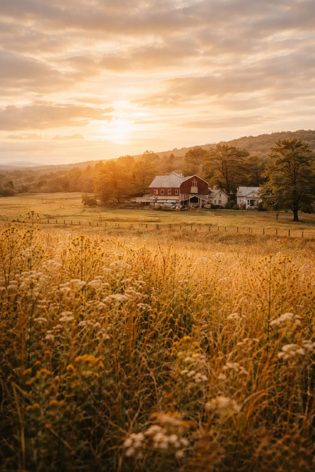 Cedar Ridge farmhouse at golden hour with wildflowers in the foreground
